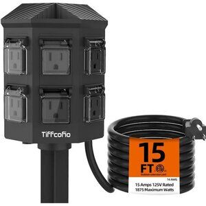 Outdoor Power Strip Weatherproof, 15 FT Extension Cord with Stake, 6 Grounded